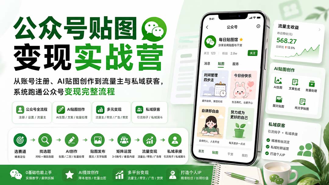 公众号贴图变现实战营：从账号注册、AI贴图创作到流量主与私域获客，系统跑通公众号变现完整流程-旺仔资源库