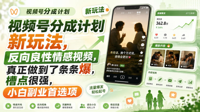 视频号分成计划新玩法，反向良性情感视频，真正做到了条条爆，槽点很强，小白副业首选项-旺仔资源库