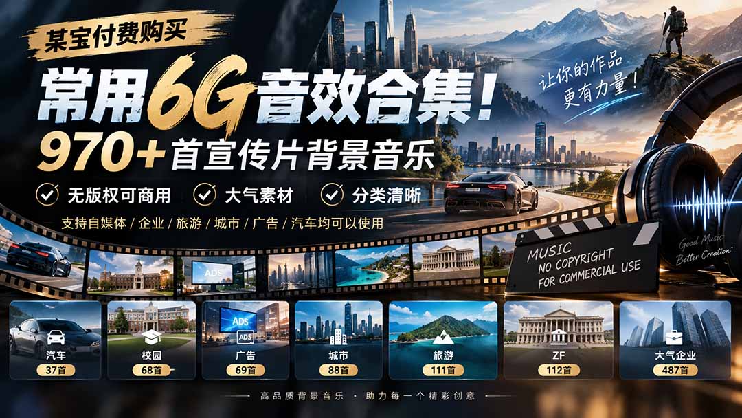 某宝付费购买，常用6G音效合集！970+首宣传片背景音乐，无版权可商用大气素材，分类清晰-旺仔资源库