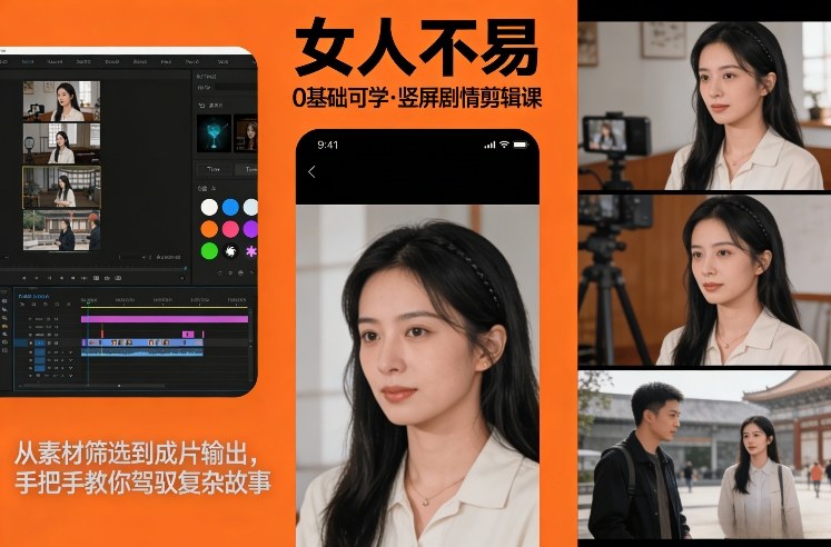 0基础可学！《女人不易》竖屏剧情剪辑课，从素材筛选到成片输出，手把手教你驾驭复杂故事-旺仔资源库