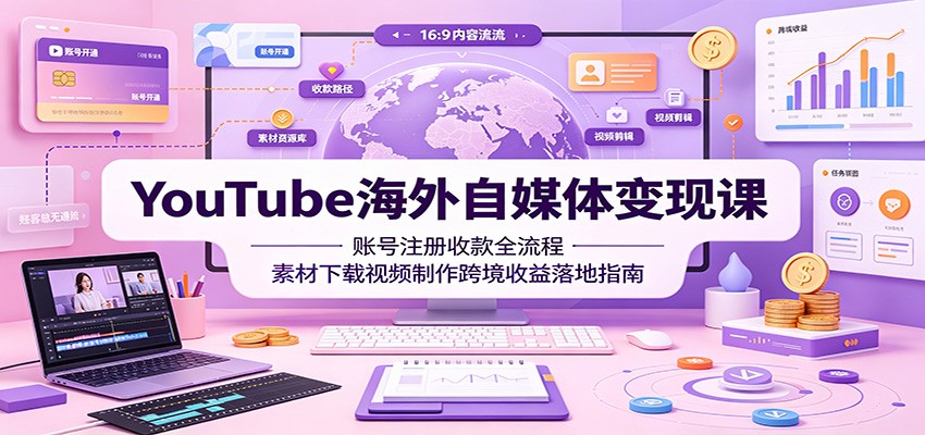 YouTube海外自媒体变现课:账号注册收款全流程,素材下载视频制作跨境收益落地指南-旺仔资源库