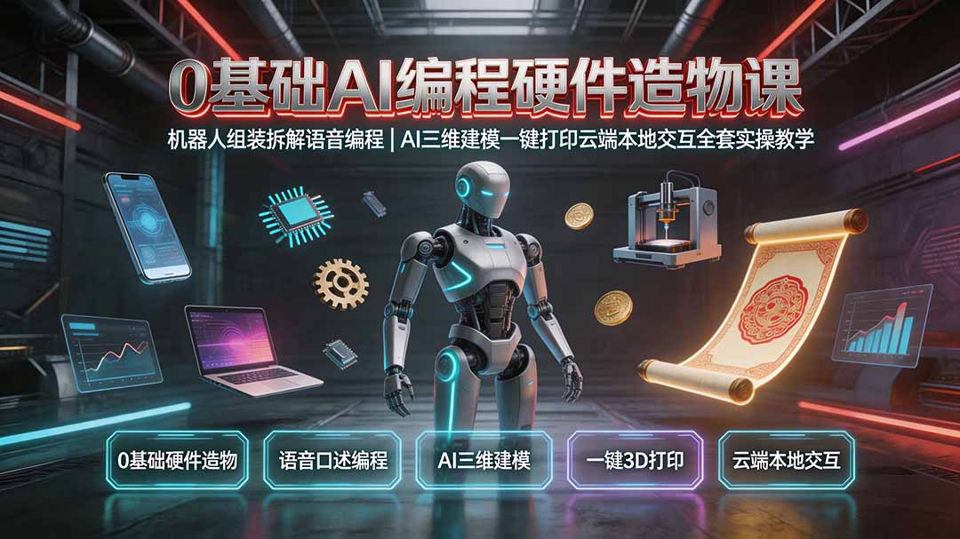 0基础AI编程硬件造物课|机器人组装拆解语音编程,AI三维建模一键打印云端本地交互全套实操教学-旺仔资源库