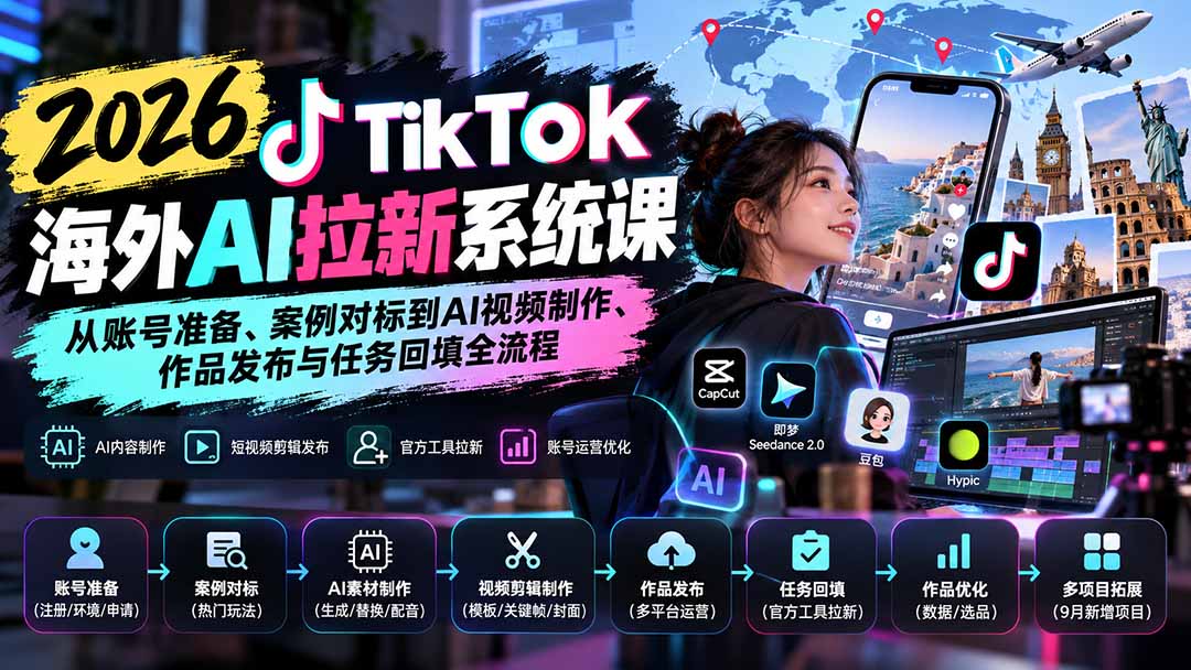 【无水印】2026 TikTok海外AI拉新系统课：从账号准备、案例对标到AI视频制作、作品发布与任务回填全流程-旺仔资源库