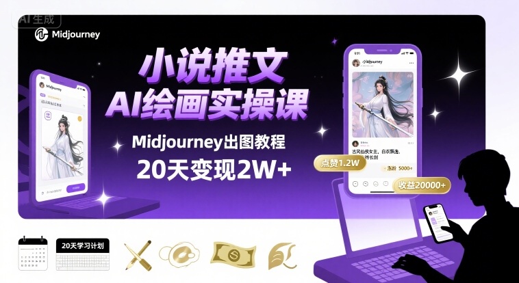 小说推文干货分享之AI绘画MJ出图实操课，用Midjourney做小说推文，20天挣2w-旺仔资源库
