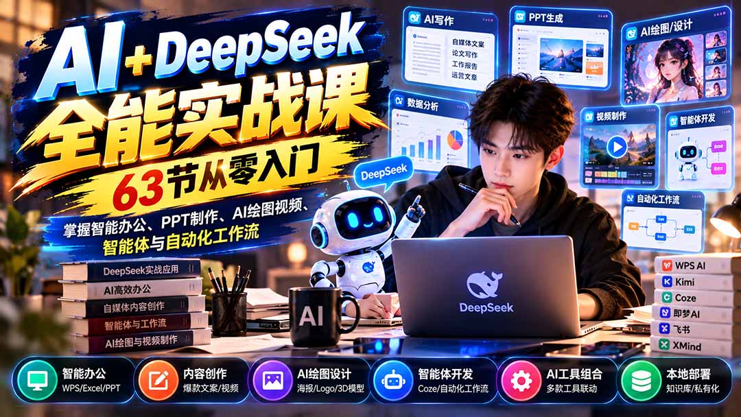 AI+DeepSeek全能实战课:63节从零入门,掌握智能办公、PPT制作、AI绘图视频、智能体与自动化工作流-旺仔资源库