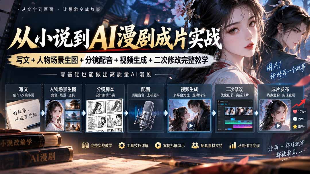 从小说到AI漫剧成片实战:写文+人物场景生图+分镜配音+视频生成+二次修改完整教学-旺仔资源库