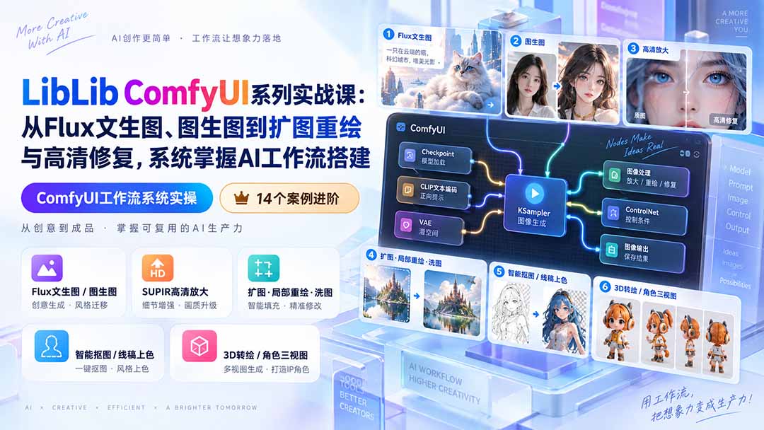 LibLib ComfyUI系列实战课:从Flux文生图、图生图到扩图重绘与高清修复,系统掌握AI工作流搭建-旺仔资源库