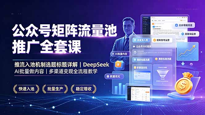 公众号矩阵流量池推广全套课,推流入池机制选题标题详解,DeepSeek AI批量做内容,多渠道变现全流程教学-旺仔资源库
