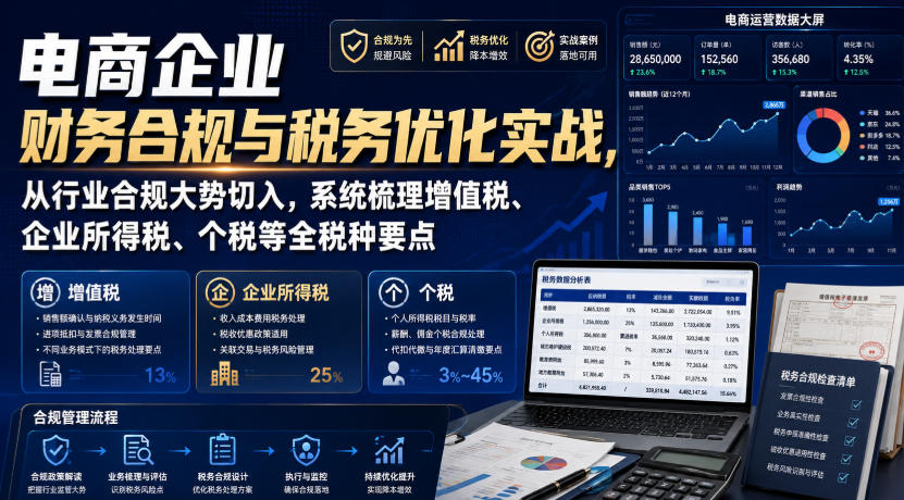 电商企业财务合规与税务优化实战,从行业合规大势切入,系统梳理增值税、企业所得税、个税等全税种要点-旺仔资源库