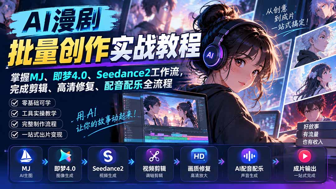 AI漫剧批量创作实战教程：掌握MJ、即梦4.0、Seedance2工作流，完成剪辑、高清修复、配音配乐全流程-旺仔资源库