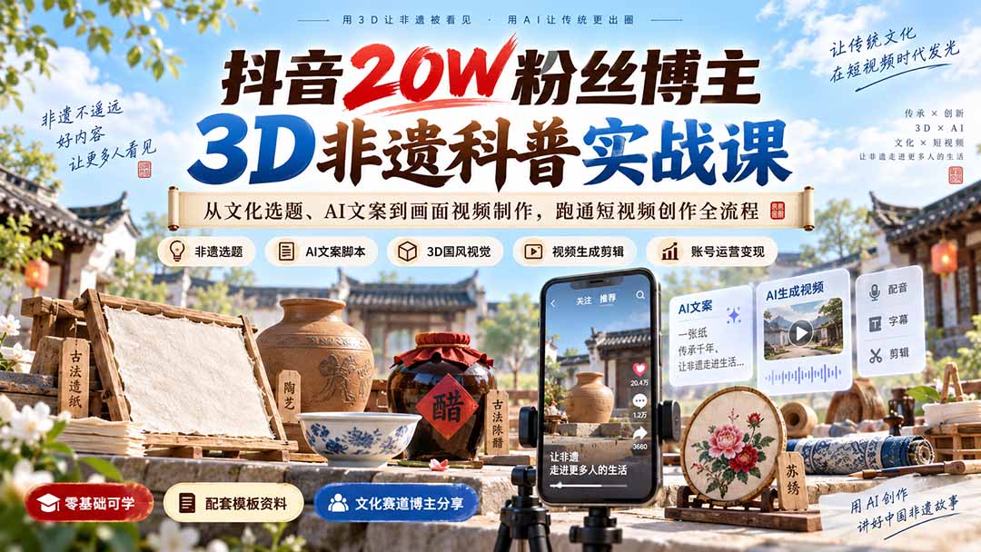 抖音20W粉丝博主3D非遗科普实战课：从文化选题、AI文案到画面视频制作，跑通短视频创作全流程-旺仔资源库