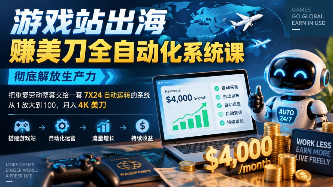 游戏站出海賺美刀全自动化系统课,彻底解放生产力–把重复劳动整套交给一套7X24自动运转的系统,从1放大到100,月入4K美刀-旺仔资源库