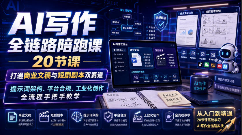AI写作全链路陪跑课｜20节课打通商业文稿与短剧剧本双赛道，提示词架构、平台合规、工业化创作全流程手把手教学-旺仔资源库