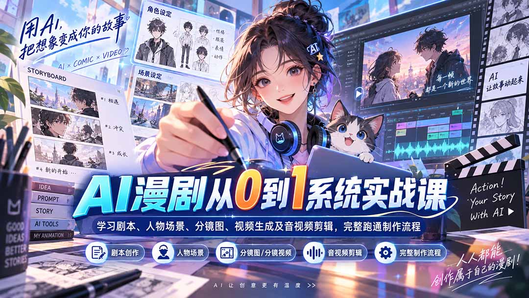 AI漫剧从0到1系统实战课:学习剧本、人物场景、分镜图、视频生成及音视频剪辑,完整跑通制作流程-旺仔资源库