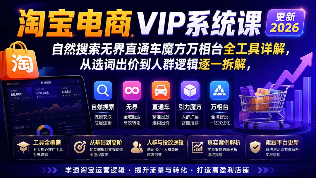 2026淘宝电商终局之战VIP课-更新0920:自然搜索+直通车+无界+精准人群,系统掌握测款动销与全店推广布局方法-旺仔资源库