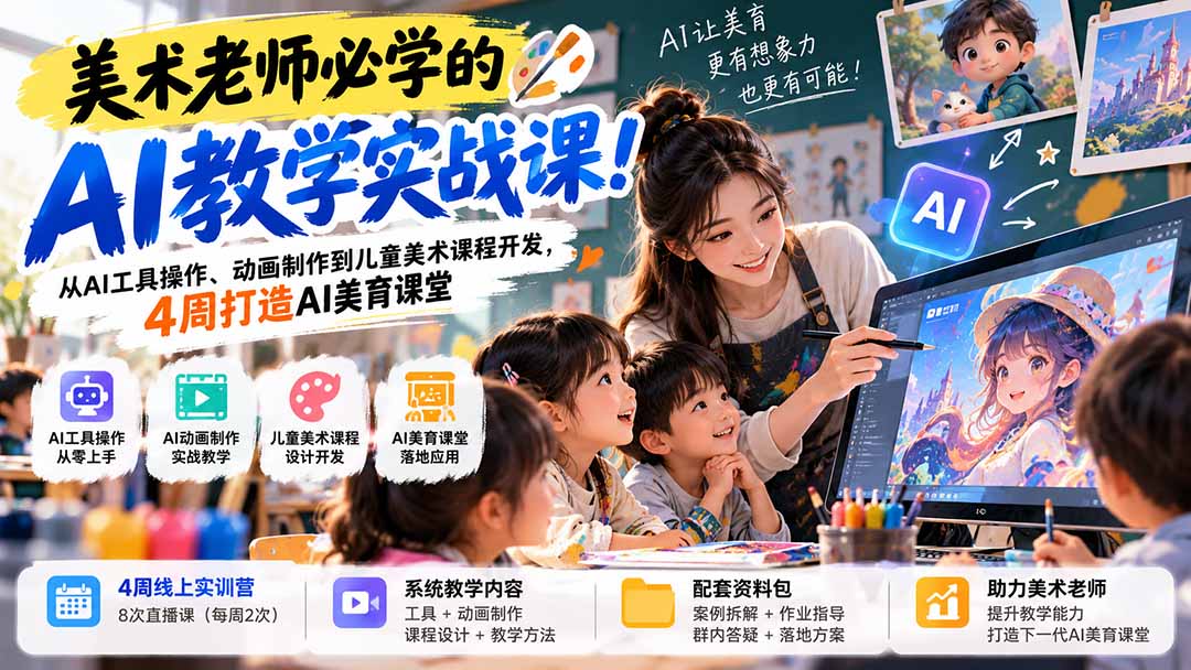 美术老师必学的AI教学实战课！从AI工具操作、动画制作到儿童美术课程开发，4周打造AI美育课堂-旺仔资源库