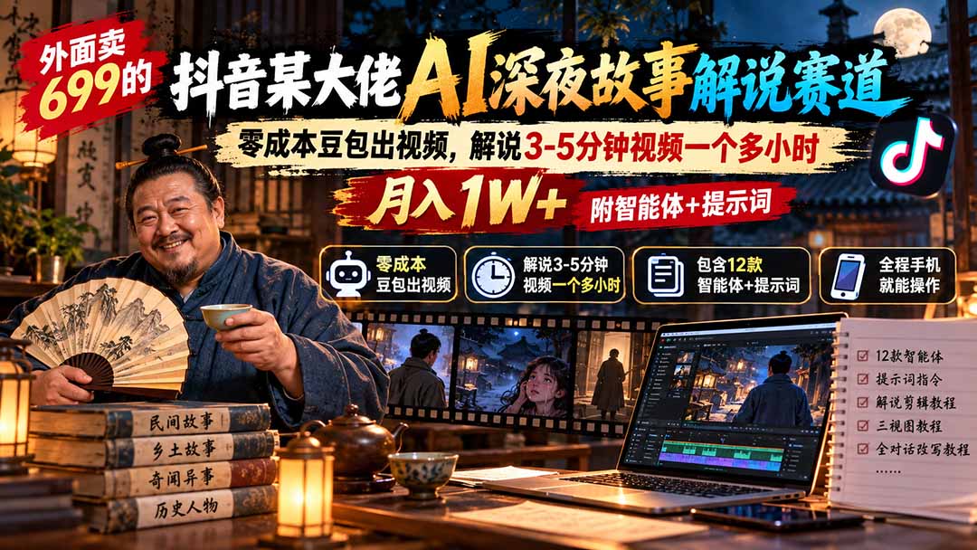 外面卖699的抖音某大佬AI深夜故事解说赛道：零成本豆包出视频，解说3-5分钟视频一个多小时，月入1W+附智能体+提示词-旺仔资源库