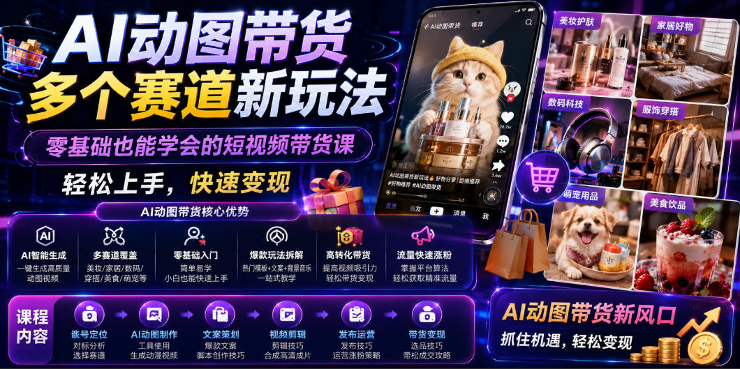 AI动图带货多个赛道新玩法，零基础也能学会的短视频带货课，轻松上手，快速变现-旺仔资源库