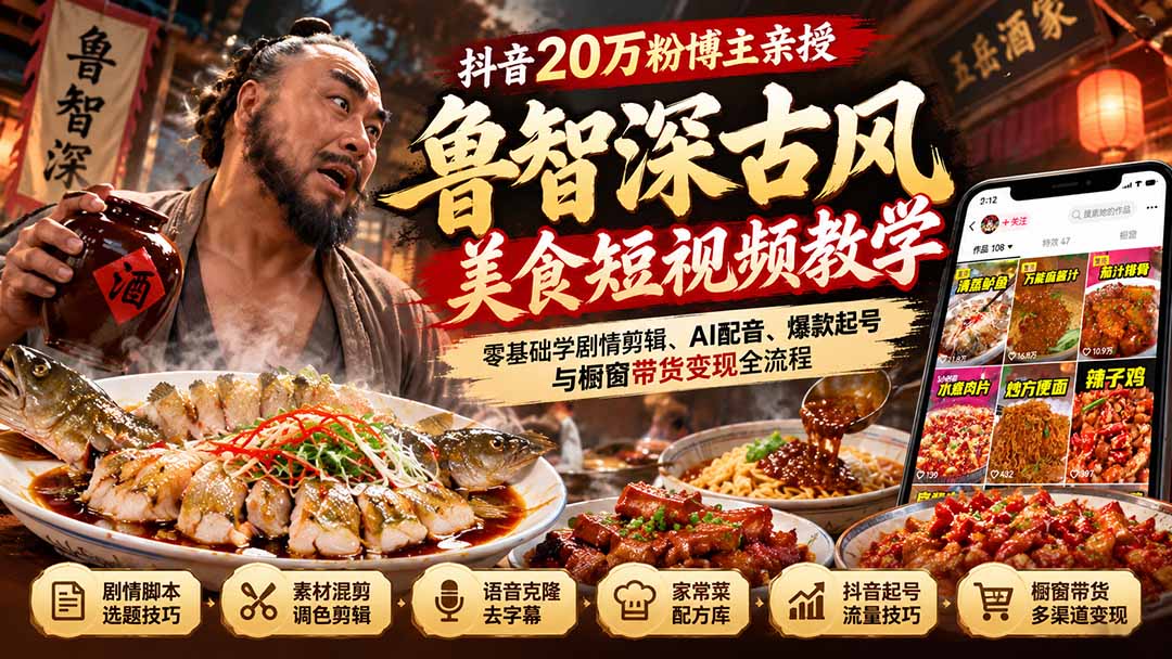抖音20万粉博主亲授鲁智深古风美食玩法:零基础学剧情剪辑、AI配音、爆款起号与橱窗带货变现全流程-旺仔资源库
