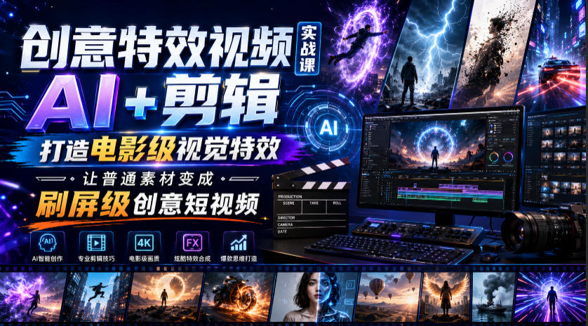 创意特效视频实战课,AI+剪辑打造电影级视觉特效,让普通素材变成刷屏级创意短视频-旺仔资源库