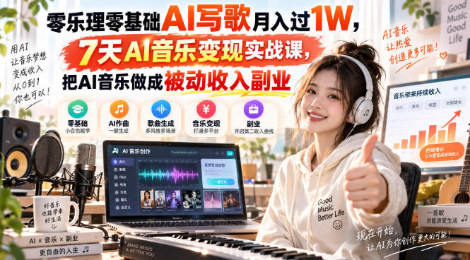 零乐理零基础AI写歌月入过1W,7天AI音乐变现实战课,把AI音乐做成被动收入副业-旺仔资源库