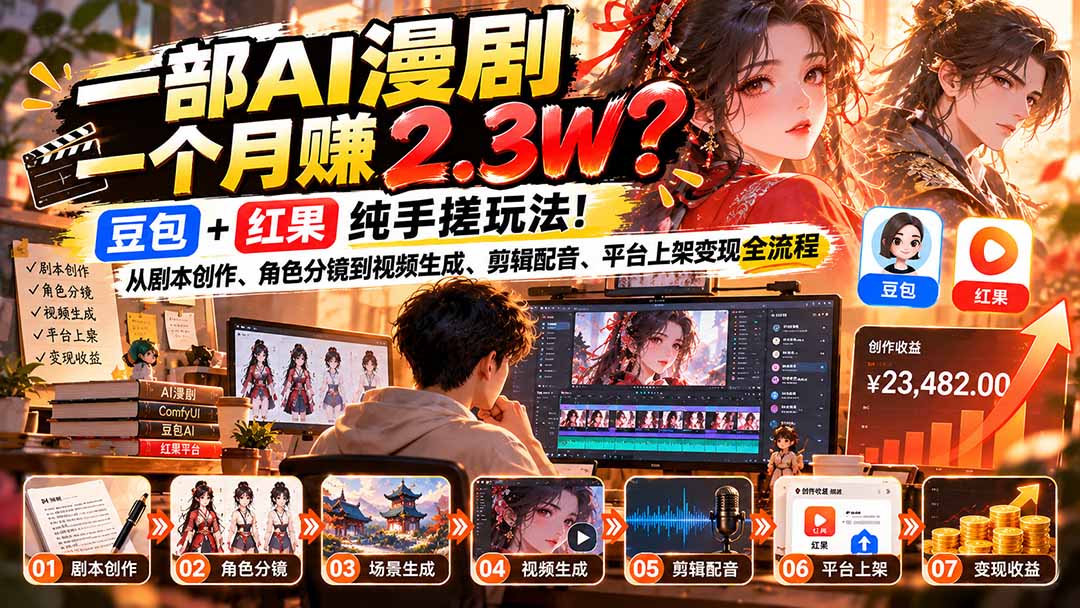 一部AI漫剧一个月赚2.3W?豆包+红果纯手搓玩法!从剧本创作、角色分镜到视频生成、剪辑配音、平台上架变现全流程-旺仔资源库