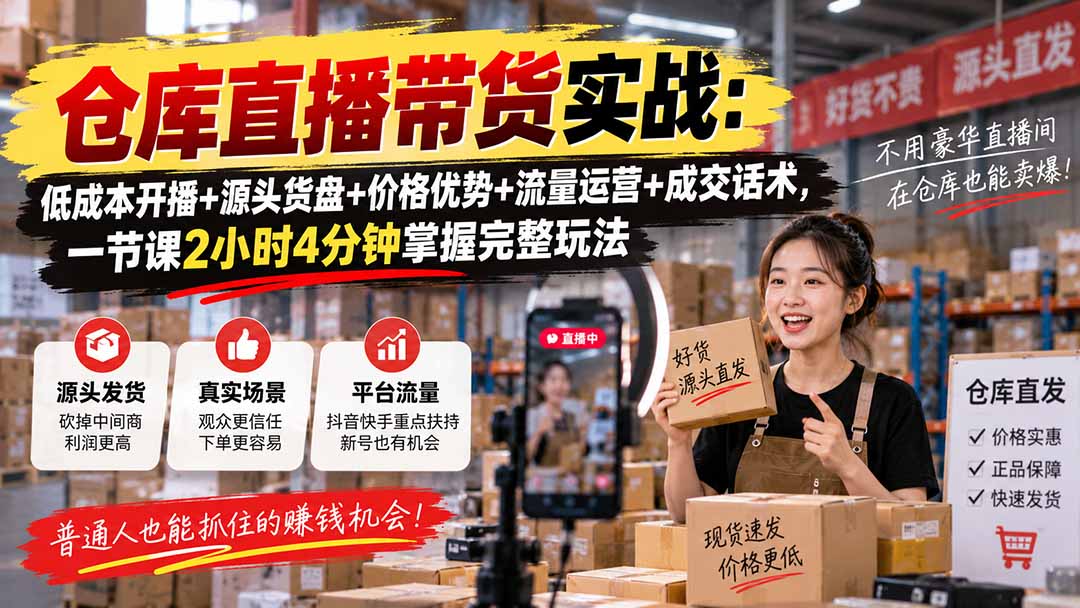 仓库直播带货实战:低成本开播+源头货盘+价格优势+流量运营+成交话术,一节课2小时4分钟掌握完整玩法-旺仔资源库