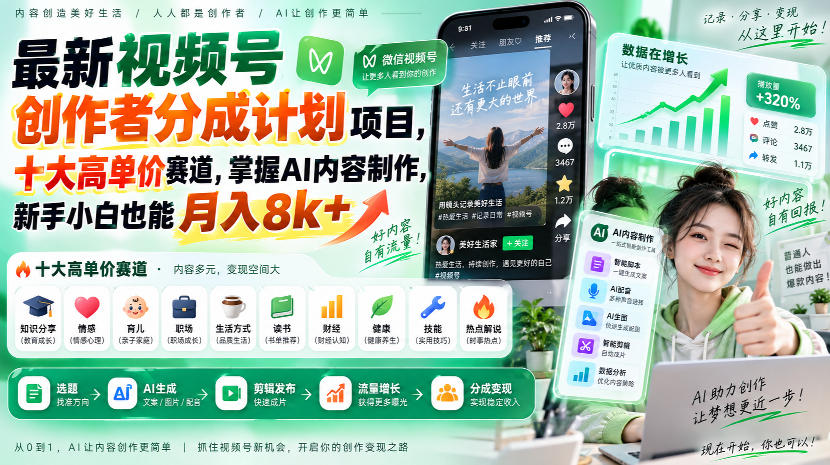 最新视频号创作者分成计划项目,十大高单价赛道,掌握AI内容制作,新手小白也能月入8k+-旺仔资源库