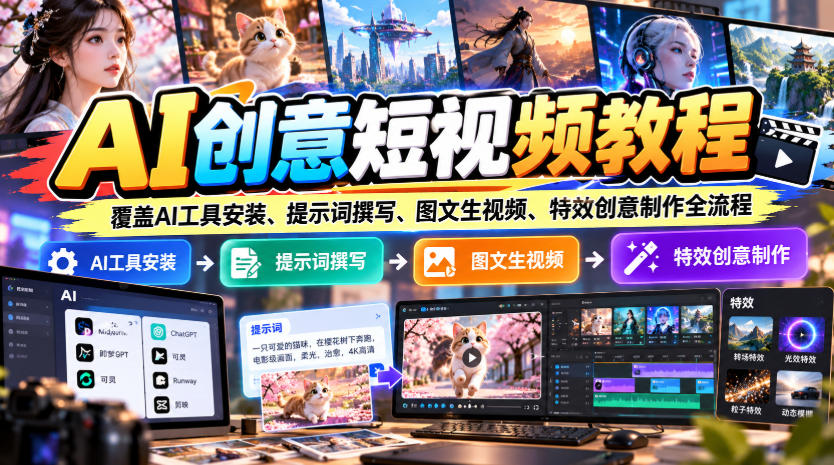 AI创意短视频教程,覆盖AI工具安装、提示词撰写、图文生视频、特效创意制作全流程-旺仔资源库