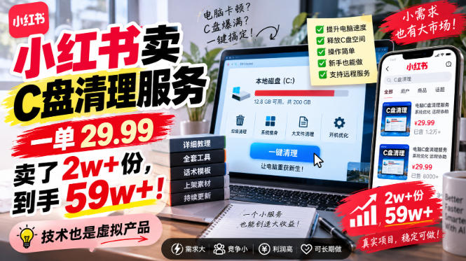 小红书卖C盘清理服务，一单29.99，卖了2w+份，技术也是虚拟产品-旺仔资源库