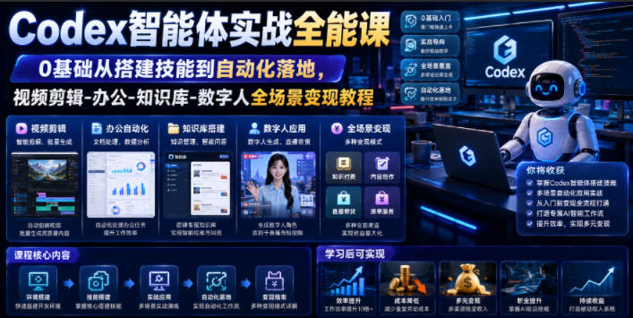 Codex智能体实战全能课｜0基础从搭建技能到自动化落地，视频剪辑-办公-知识库-数字人全场景变现教程-旺仔资源库