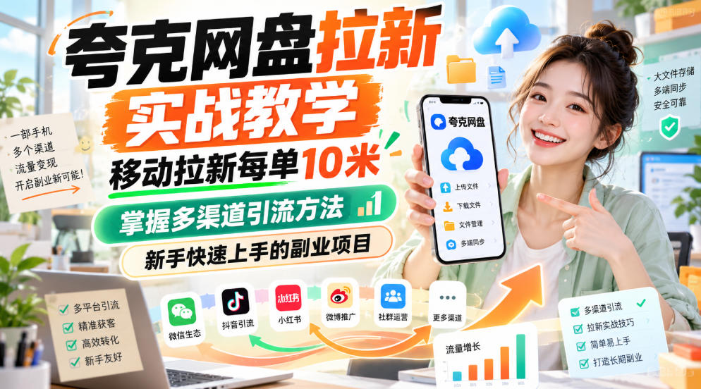 夸克网盘拉新实战教学,移动拉新每单10米,掌握多渠道引流方法,新手快速上手的副业项目(更新0929)-旺仔资源库