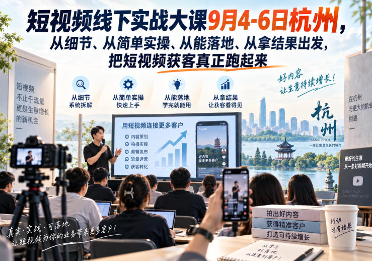 短视频线下实战大课9月4-6日杭州，从细节、从简单实操、从能落地、从拿结果出发，把短视频获客真正跑起来-旺仔资源库
