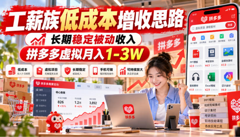 工薪族低成本增收思路,长期稳定被动收入,拼多多虚拟月入1-3W-旺仔资源库