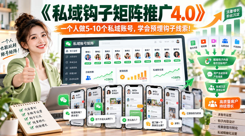【无水印】《私域钩子矩阵推广4.0》一个人做5-10个私域账号，学会预埋钩子线索！-旺仔资源库