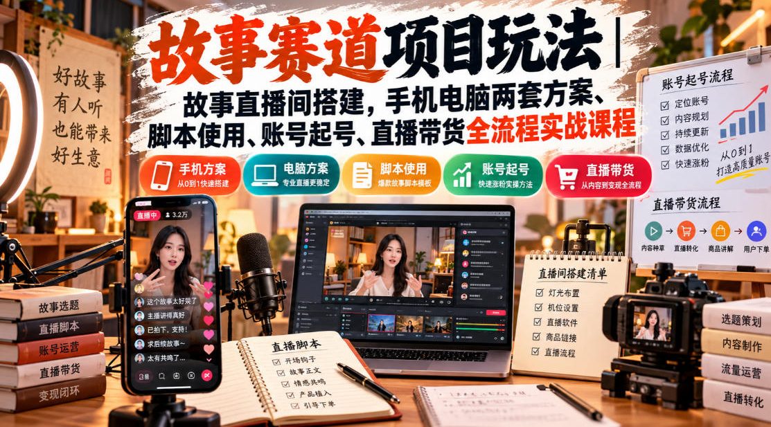 故事赛道项目玩法｜故事直播间搭建，手机电脑两套方案、脚本使用、账号起号、直播带货全流程实战课程-旺仔资源库
