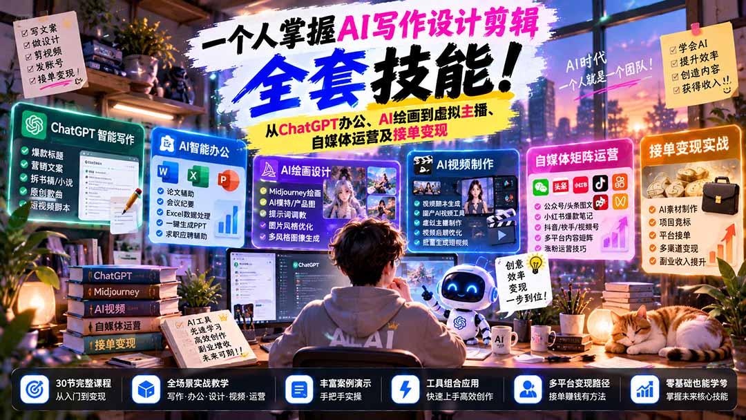 一个人掌握AI写作设计剪辑全套技能：从ChatGPT办公、AI绘画到虚拟主播、自媒体运营及接单变现-旺仔资源库