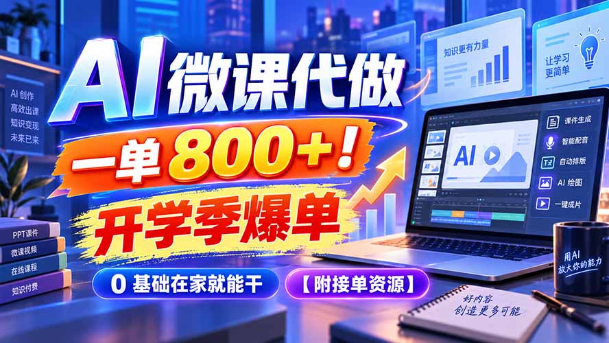 AI 微课代做,一单 800+!开学季爆单,0 基础在家就能干【附接单资源】-旺仔资源库