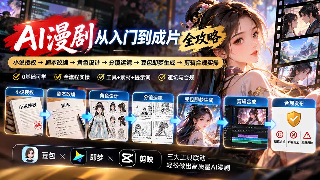 AI漫剧从入门到成片全攻略-更新1017:小说授权→剧本改编→角色设计→分镜运镜→豆包即梦生成→剪辑合规实操-旺仔资源库