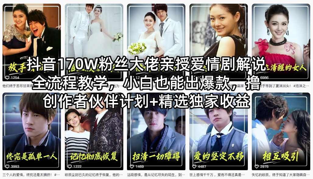 抖音170W粉丝大佬亲授爱情剧解说全流程教学，小白也能出爆款，撸创作者伙伴计划+精选独家收益-旺仔资源库