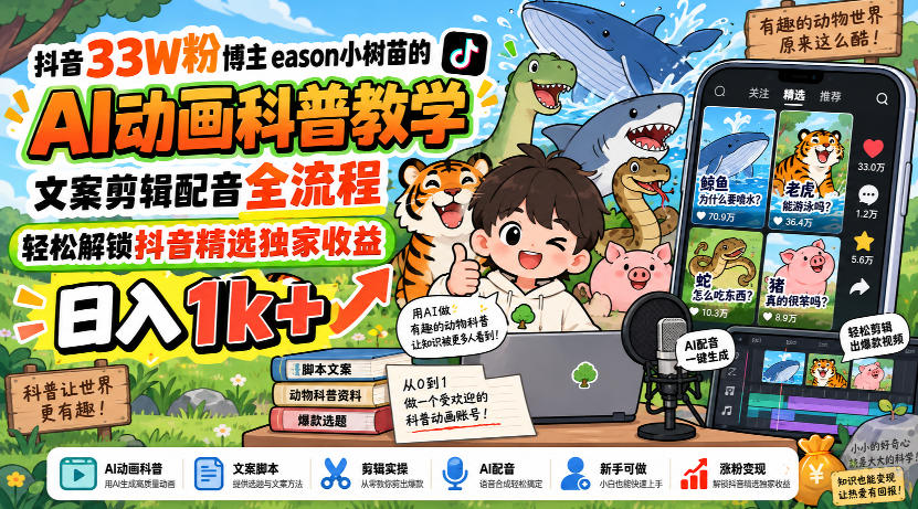 抖音33W粉博主eason小树苗的AI动画科普教学,文案剪辑配音全流程,轻松解锁抖音精选独家收益,日入1k+-旺仔资源库