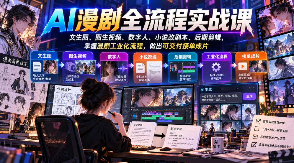 AI漫剧全流程实战课，文生图、图生视频、数字人、小说改剧本、后期剪辑，掌握漫剧工业化流程，做出可交付接单成片-旺仔资源库