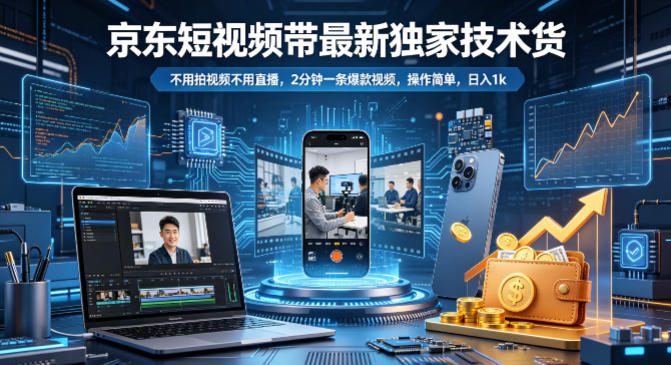 京东短视频带货最新独家技术，不用拍视频不用直播，2分钟一条爆款视频，操作简单，日入1k+【揭秘】-旺仔资源库