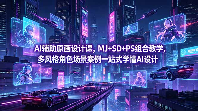 AI辅助原画设计课，MJ+SD+PS组合教学，多风格角色场景案例一站式学懂AI设计-旺仔资源库