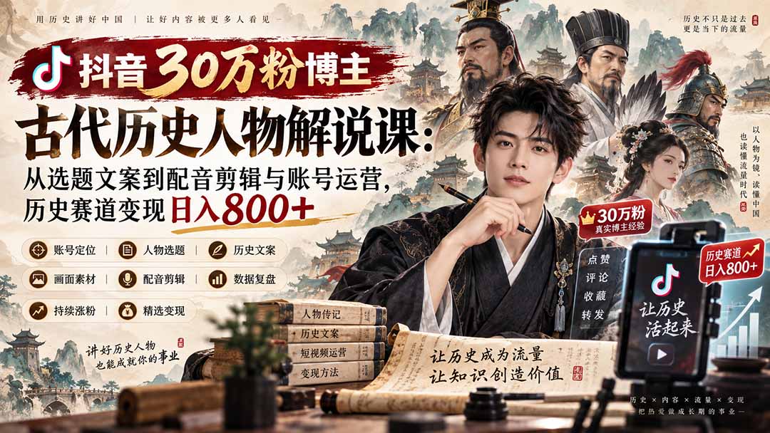 抖音30万粉博主古代历史人物解说课：从选题文案到配音剪辑与账号运营，历史赛道变现日入800+-旺仔资源库