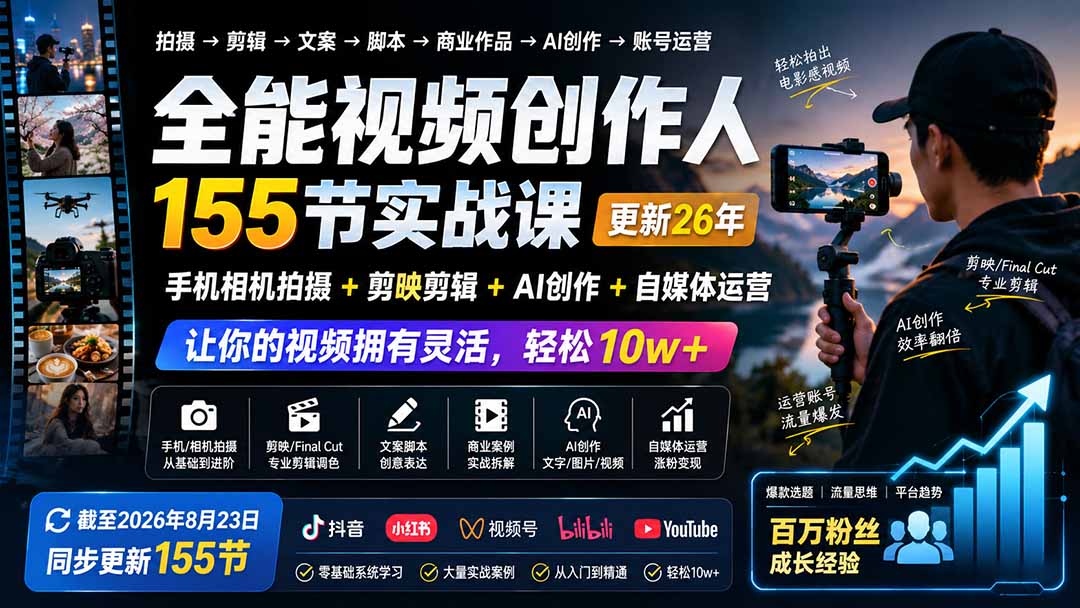 全能视频创作人155节实战课-更新26年8月:手机相机拍摄+剪映剪辑+AI创作+自媒体运营,让你的视频拥有灵活,轻松10w-旺仔资源库