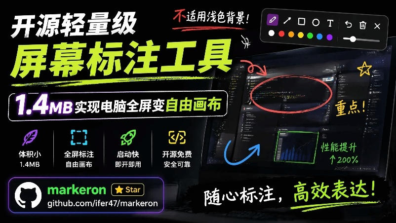开源轻量级屏幕标注工具，1.4MB实现电脑全屏变自由画布！支持8种标注工具和全键盘操控MarkerOn-旺仔资源库