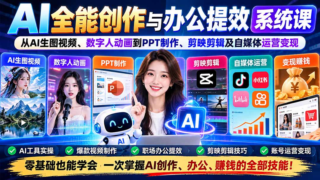 AI全能创作与办公提效系统课：从AI生图视频、数字人动画到PPT制作、剪映剪辑及自媒体运营变现-旺仔资源库