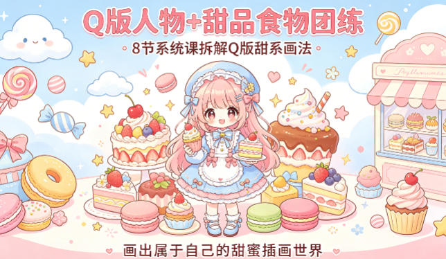 Q版人物+甜品食物团练,8节系统课拆解Q版甜系画法,画出属于自己的甜蜜插画世界-旺仔资源库