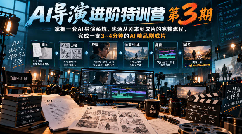 AI导演进阶特训营第3期，掌握一套AI导演系统，跑通从剧本到成片的完整流程，完成一支3~4分钟的AI精品剧成片(附1、2期)-旺仔资源库